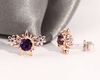 Rapunzel Natural Amethyst and Pink Sapphire Earrings Fairy Tale Engagement Wedding Cosplay Costume Jewelry