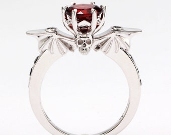 Garnet and Black Sapphire Bat wing Ring Goth Wedding Skull Vampire Horror Fantasy Punk Nerdy Geeky Black Wedding Engagement Promise Ring