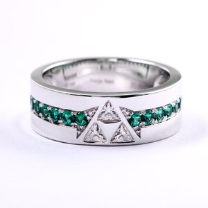 Triforce Wedding Band With Synthetic Emerald and Moissanite Legend of Zelda Nerdy Geeky Cosplay Gamer