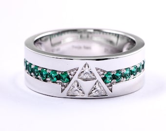 Triforce Wedding Band With Synthetic Emerald and Moissanite Legend of Zelda Nerdy Geeky Cosplay Gamer