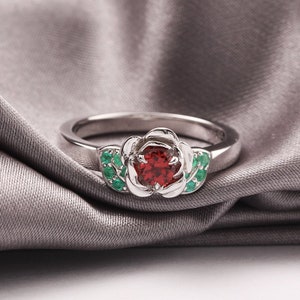 Natural Garnet and Emerald Enchanted Rose Engagement Ring Beauty and The Beast Magical Fairytale Cosplay Wedding Ring Promise Ring