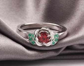 Natural Garnet and Emerald Enchanted Rose Engagement Ring Beauty and The Beast Magical Fairytale Cosplay Wedding Ring Promise Ring