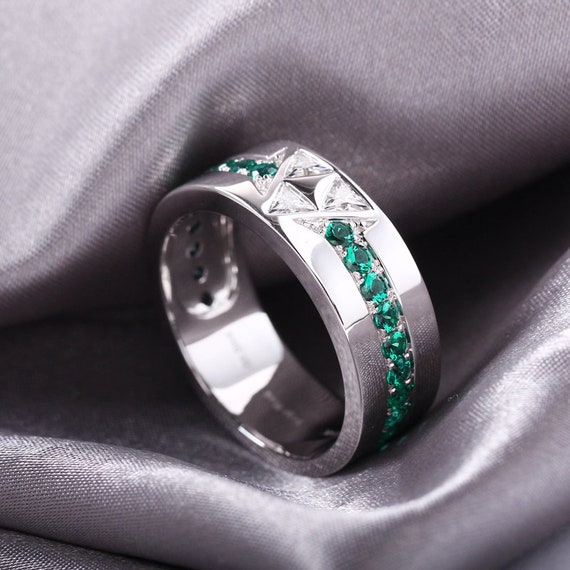 Triforce Wedding Band With Synthetic Emerald and Moissanite Legend