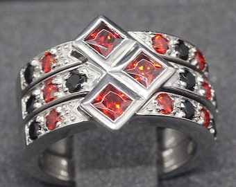 Double Band  Ruby and Black Diamond Cocktail Engagement Wedding Promise Ring Comic Book Cosplay Wedding