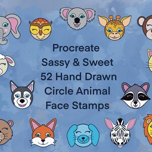 Può includere: 52 timbri per il viso di animali circolari disegnati a mano per Procreate. I timbri presentano una varietà di animali, tra cui un koala, una giraffa, una scimmia, un gatto, una pecora, un lupo, un procione, una volpe, una zebra, un leone, un gufo e un elefante.