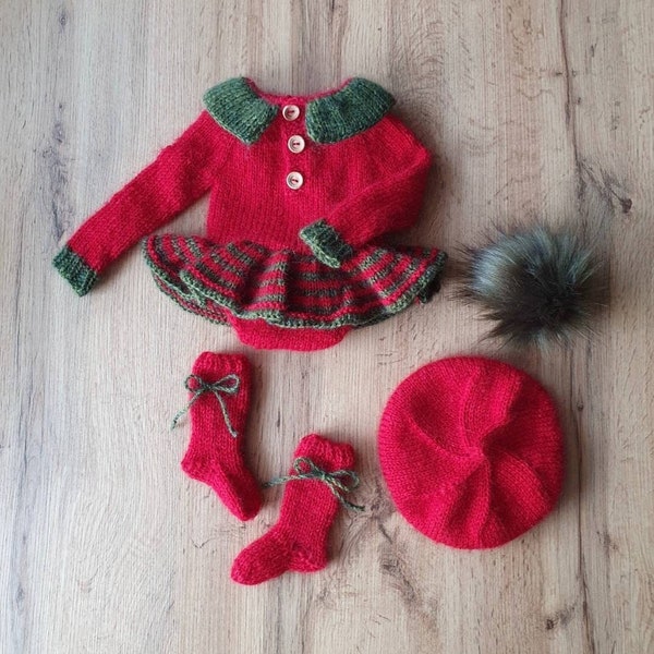 Christmas Set, Santa Elf Set for Girl, Christmas Dress for Baby Girl, Christmas Outfit for Girl, Girl Christmas Set, Photo Prop, Beret