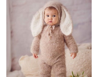 Traje de conejito en muchos tamaños, Romper conejito con sudadera con capucha, Disfraz para bebé, Saltador de conejito bebé, Disfraz de Pascua para bebé, Accesorio fotográfico, Conjunto de Pascua de conejito