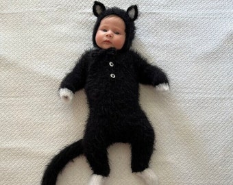 Tenue de chat noir, tenue de nouveau-né, tenue de chat taille gardienne, chapeau et barboteuse de chat, tenue de chaton, ensemble chaton pour nouveau-né, tenue d'accessoires photo
