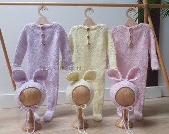 Traje de conejito recién nacido, traje de Pascua para niña, conjunto de Pascua, conjunto recién nacido, accesorio de fotografía, mameluco con patas, traje de conejito,