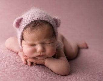Mohair Bear Bonnet, Knit Baby Hat, Cub, Animal Ears, Newborn Hand Knitted Teddy Bear Hat, Teddy Bonnet