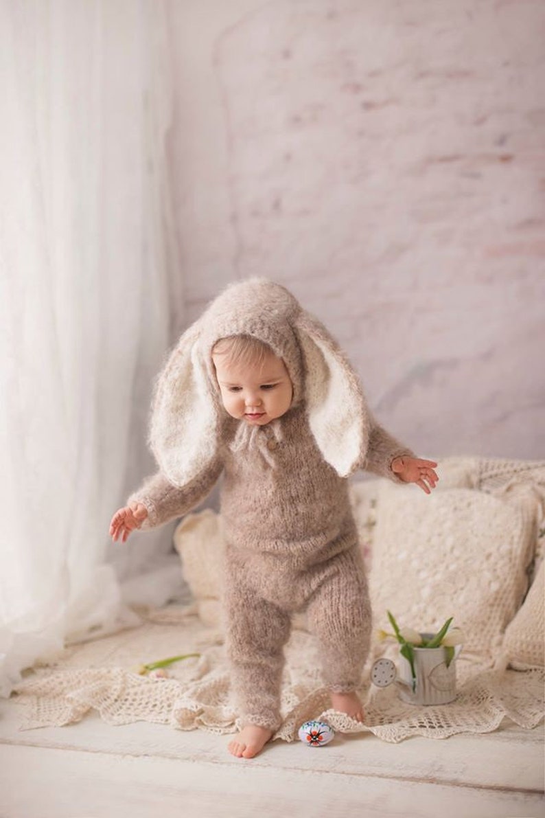 Bunny Outfit in many sizes, Bunny Romper with Hoodie, Costume for Baby, Baby Bunny Jumper, Baby Easter Costume, Photo Prop, Bunny Easter Set image 2