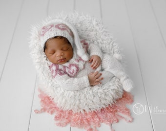 Ensemble pour la Saint-Valentin, ensemble pour nouveau-né, bonnet et pyjama pyjama, ensemble copieux, ensemble nouveau-né avec coeur, tenue chaleureuse pour bébé,