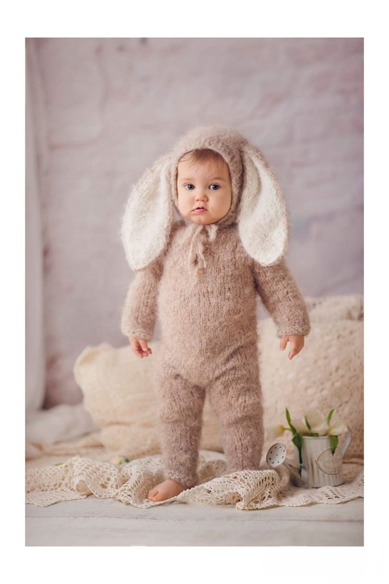 Bunny Outfit in many sizes, Bunny Romper with Hoodie, Costume for Baby, Baby Bunny Jumper, Baby Easter Costume, Photo Prop, Bunny Easter Set image 1