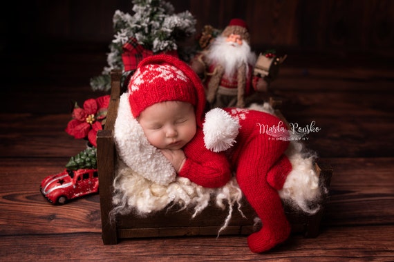 2PCS Newborn Christmas Jumpsuits Santa Claus Hat My First Xmas Toddler Baby Boy Girl Romper Suit with Elf Collar for Carnival Party Popular Festival.