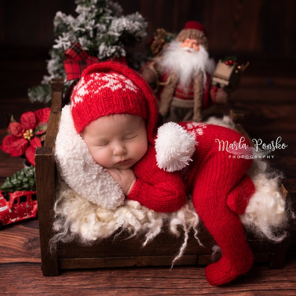 Newborn Set with Christmas Pattern, Santa Elf Set, Santa Claus Outfit, Christmas Outfit, Newborn Overalls, Santa Claus Set, Photo Prop