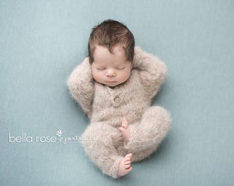 Newborn Knit Romper from Alpaca and Silk, Sitter Size Outfit, Newborn Knit Overalls, Newborn Romper, Overalls Photo Prop, Newborn Outfit,