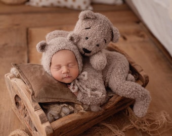 Tenue d'ours en peluche, Costume d'ours pour nouveau-né, Costume d'ours en peluche pour bébé, bonnet d'ours, bonnet d'ours en peluche pour nouveau-né et barboteuse