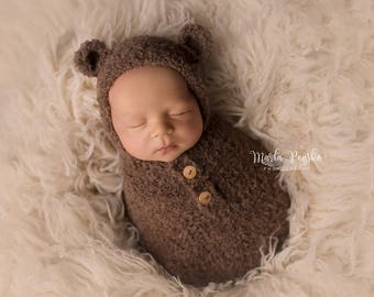 Brown Teddy Bear Swaddle Wrap with Hat, Photo Prop, Newborn Wrap with Hat like as a Swaddle Sack, Teddy Bear Cocoon, Hat and Wrap