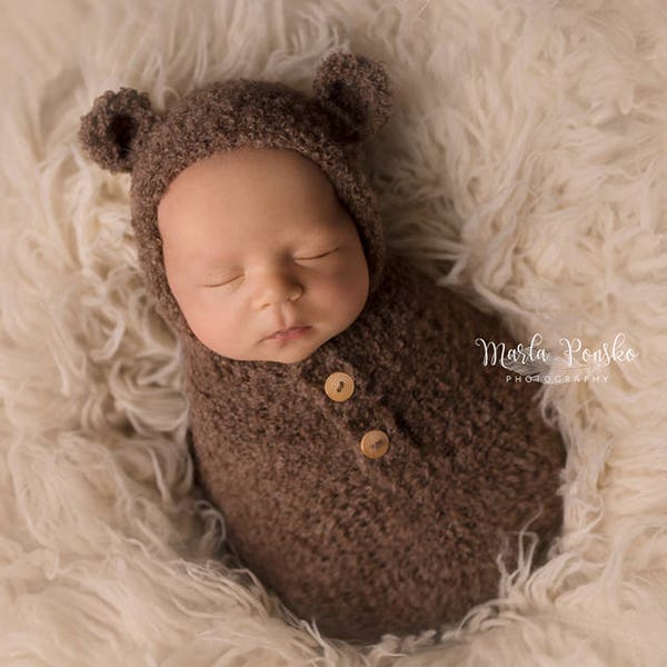 Teddy Bear Swaddle Wrap avec chapeau, accessoire photo, accessoire de photographie, enveloppement pour nouveau-né avec chapeau comme un sac d'emmaillotage, Teddy Bear Coocon, chapeau et enveloppement