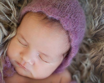 Newborn mohair/silk bonnet, photo prop, simple bonnet with ruffle, Knitted mohair bonnet. Photo prop.