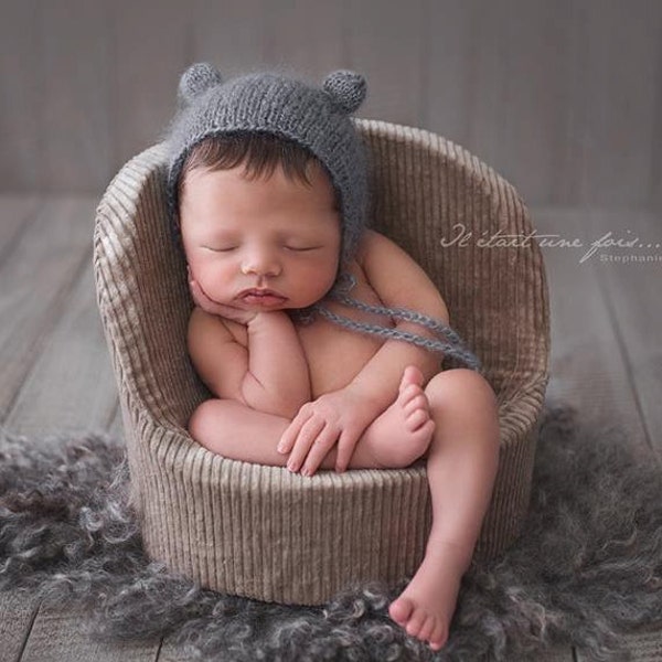 Mohair Bear Bonnet, Knit Baby Hat, Cub, Animal Ears, Newborn Hand Knitted Cap, Infant Photo, Mohair and Silk bonnet, newborn