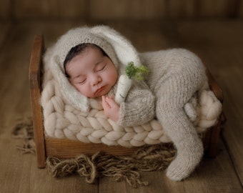 Traje de conejito para recién nacido, accesorio fotográfico de conjunto de conejito recién nacido, durmiente de punto y gorro de conejito, disfraz de conejito de alpaca, jersey de conejito, traje de Pascua