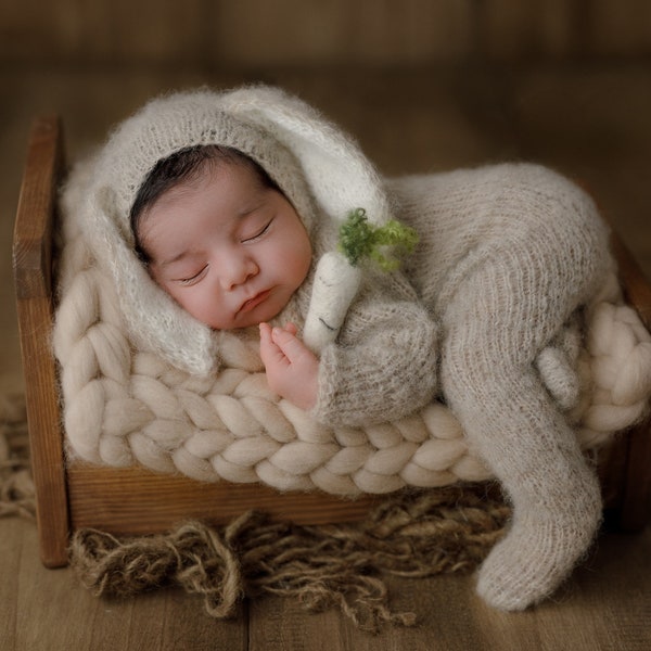 Bunny outfit for a newborn, newborn bunny set photo prop, knit newborn sleeper and bunny hat, alpaca silk outfit photography prop,