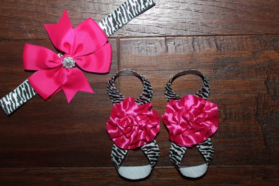 Hot Pink Zebra Baby Barefoot Sandals and Matching Headband Set - Etsy