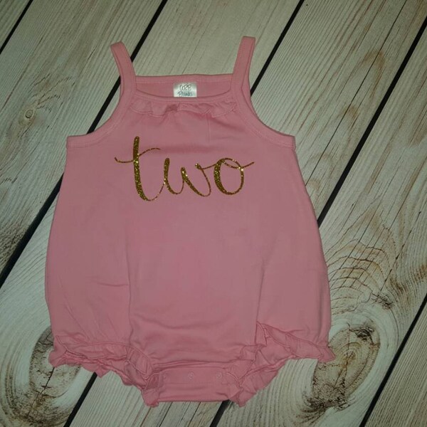 Premium Ruffle Romper,Baby Pink & Gold Glitter One Romper, 2nd Birthday Bubble, "two" Birthday Outfit,Gold Second Birthday Two Piece