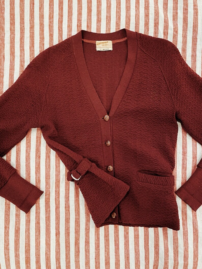 1940s/40s Burgundy Knit Cardigan W/ Side Cinches S/M Etsy