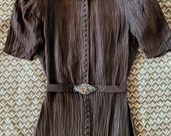 1930s/30s Brown Lamé Dress w/ Rainbow Deco Paste Buckle- XS/S