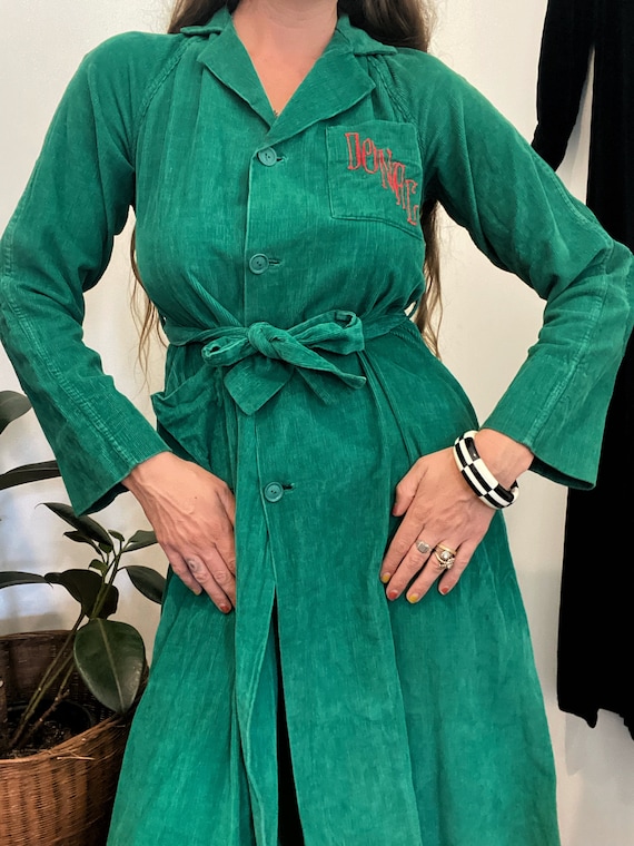 1940s/50s Green Corduroy House Dress Robe- S - image 1