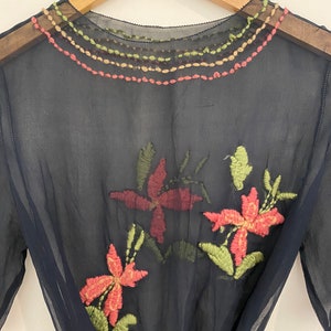 1920s/20s Black Chiffon Top W/ Floral Embroidery S/M image 4