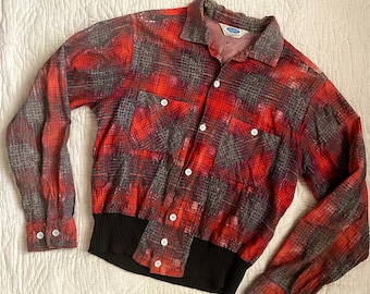 1950s/50s Men’s Red + Burgundy Flannel Gaucho Rockabilly VLV Loop Collar Shirt- M