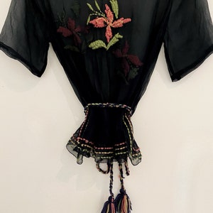 1920s/20s Black Chiffon Top W/ Floral Embroidery S/M image 8