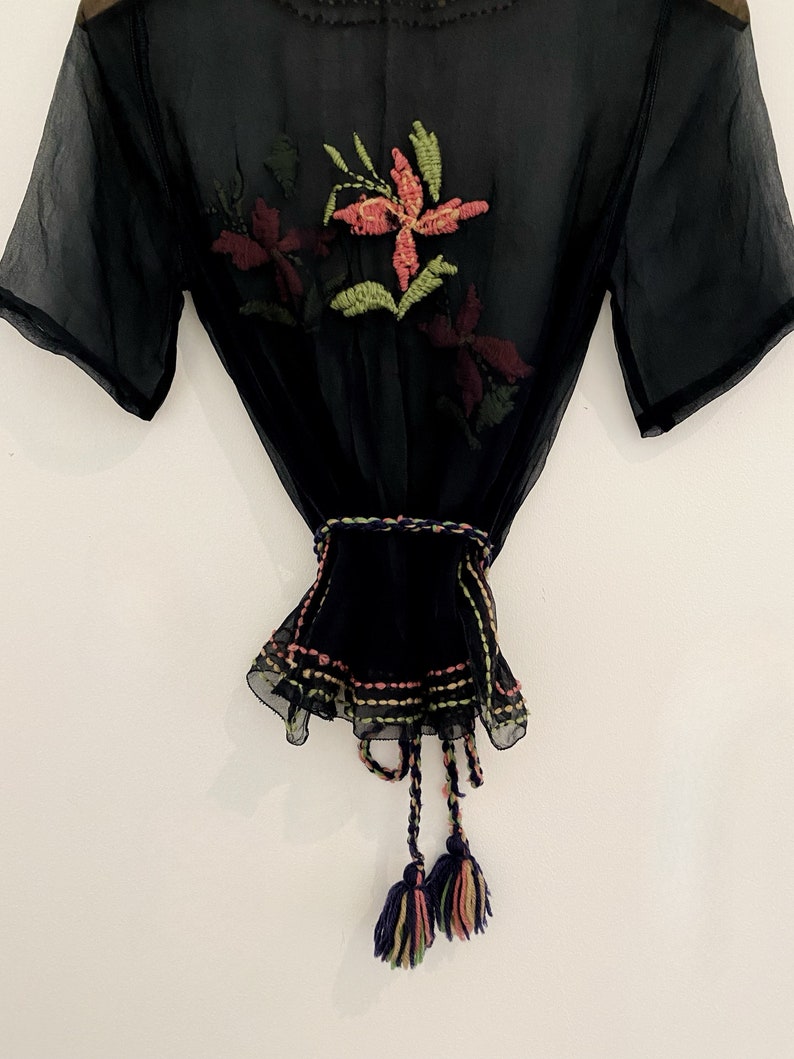 1920s/20s Black Chiffon Top W/ Floral Embroidery S/M image 8