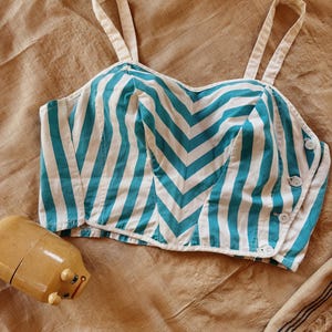 1950s/50s White + Blue Striped Cotton Bustier Sun Top- S