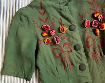 1940s/40s Green Blouse w/ Hand Painted Bows + Felted Flowers- S