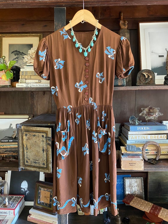 1930s/40s Brown Cold Rayon Puffed Sleeve Babydoll… - image 10