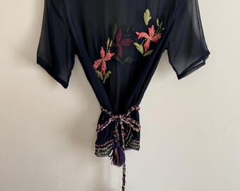 1920s/20s Black Chiffon Top W/ Floral Embroidery- S/M