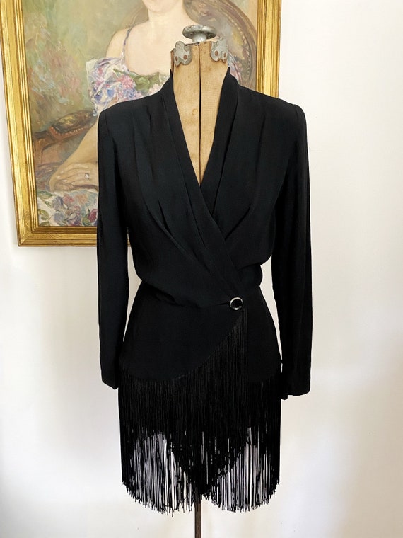 1940s/40s Vintage Black Rayon Crepe Tailored Frin… - image 9