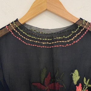 1920s/20s Black Chiffon Top W/ Floral Embroidery S/M image 6