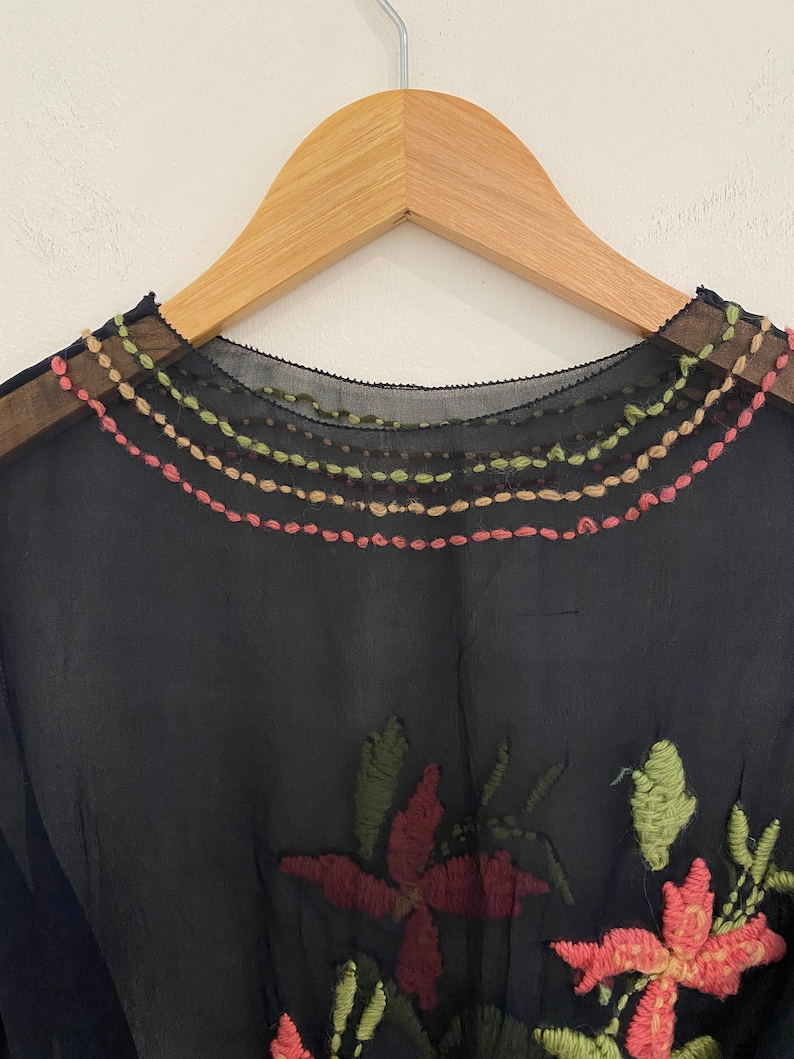 1920s/20s Black Chiffon Top W/ Floral Embroidery S/M image 6