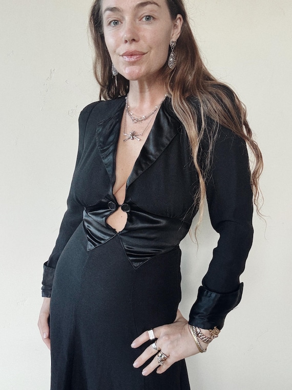 ossie clark black dress Ossie Clark Vintage Black Plunging Moss Crepe Empire Waist Dress  Amarcord  Vintage Fashion