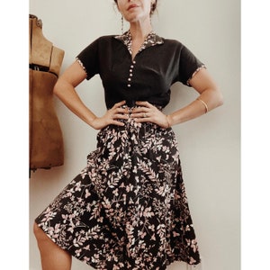 1940s/40s Vintage Black Floral Cotton Day Dress- M