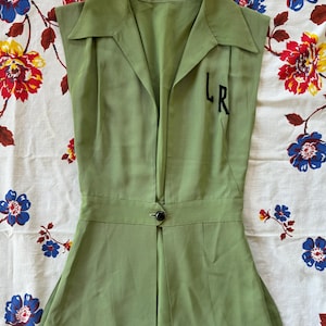1940s/40s Pistachio Gabardine Pinafore Monogram Top Vest “LR”- XS