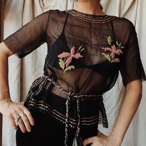 1920s/20s Black Chiffon Top W/ Floral Embroidery S/M image 2