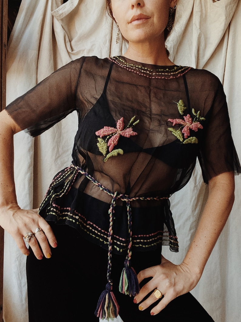 1920s/20s Black Chiffon Top W/ Floral Embroidery S/M image 2