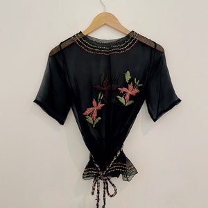 1920s/20s Black Chiffon Top W/ Floral Embroidery S/M image 3