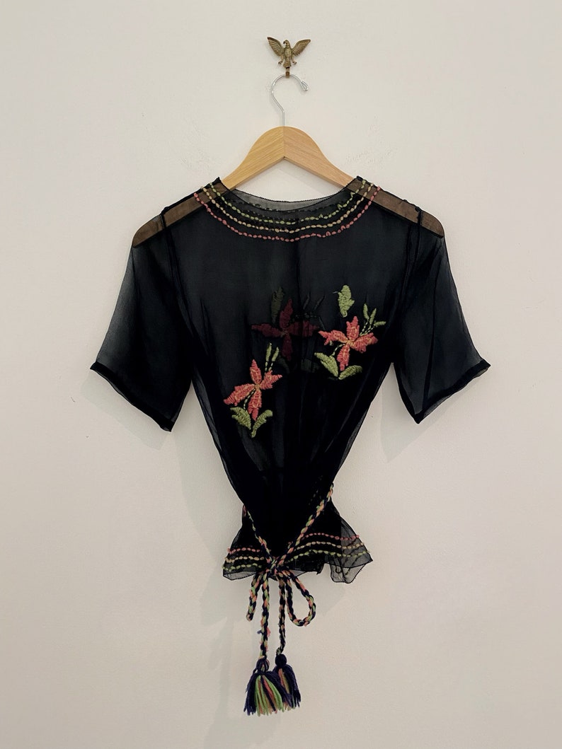 1920s/20s Black Chiffon Top W/ Floral Embroidery S/M image 3